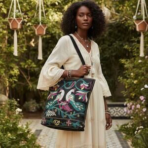 Embroidered Denim Tote Bag — 14x14, Boho/Artisan Style